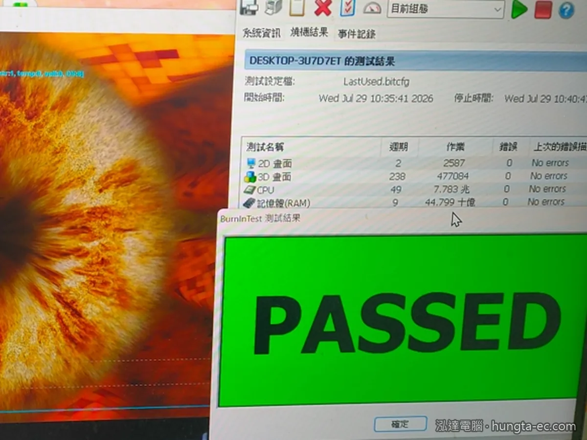 螢幕上的燒機測試軟體跑完，結果視窗顯示綠色 PASSED